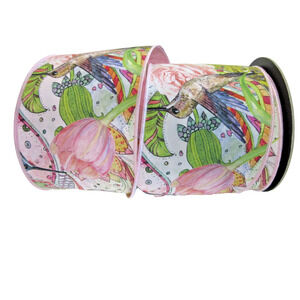 Hummingbirds Tulips Roses Faux Dupion 4" x 10 yds d.stevens Wire Edge Ribbon